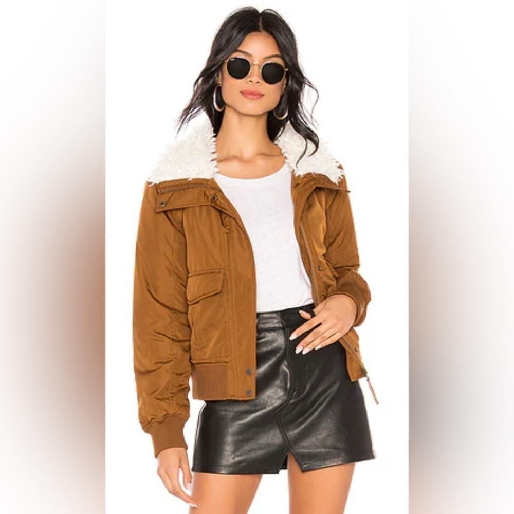Sanctuary Women’s Aviator Flight Jacket With Faux Fur Collar in Caramel Sz L